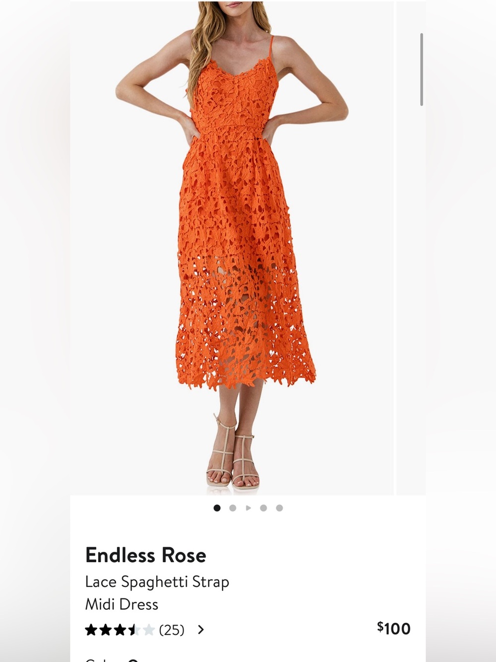 Endless Rose Orange 🍊 Floral Lace Midi Spaghetti strap dress Small Nordstrom